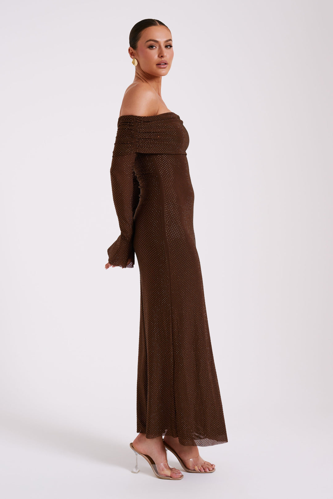 Luxe Off-Shoulder Maxi-jurk met Rhinestones – Elegant en Verfijnd