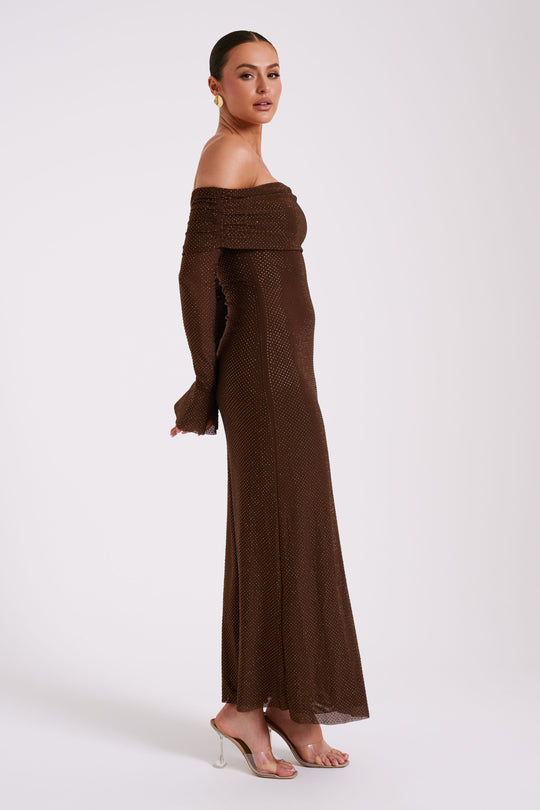 Luxe Off-Shoulder Maxi-jurk met Rhinestones – Elegant en Verfijnd
