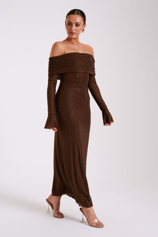 Luxe Off-Shoulder Maxi-jurk met Rhinestones – Elegant en Verfijnd