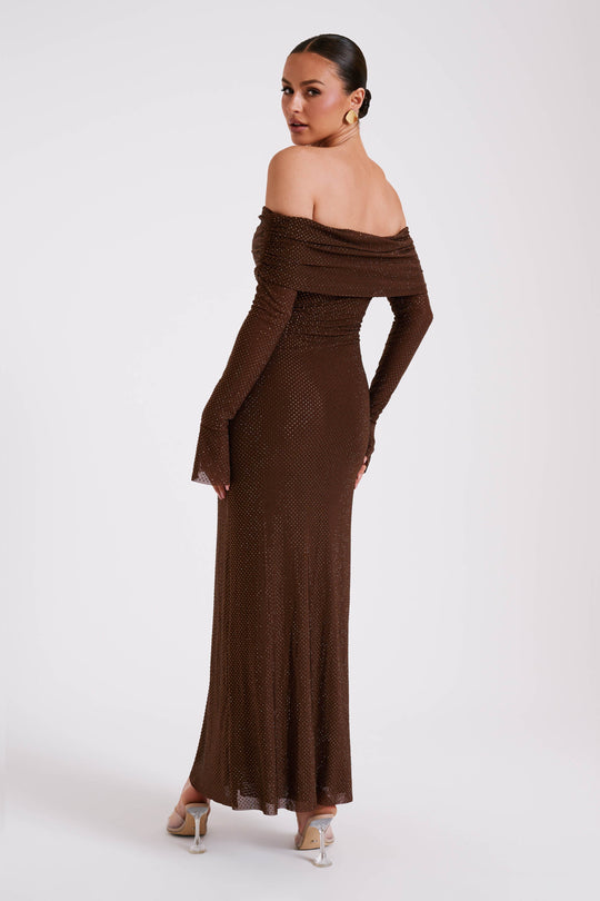 Luxe Off-Shoulder Maxi-jurk met Rhinestones – Elegant en Verfijnd
