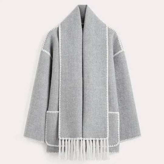 Dames Jas met Sjaalkraag | Herfst en Winter Jas | Wollook Met Zakken en Knopen
