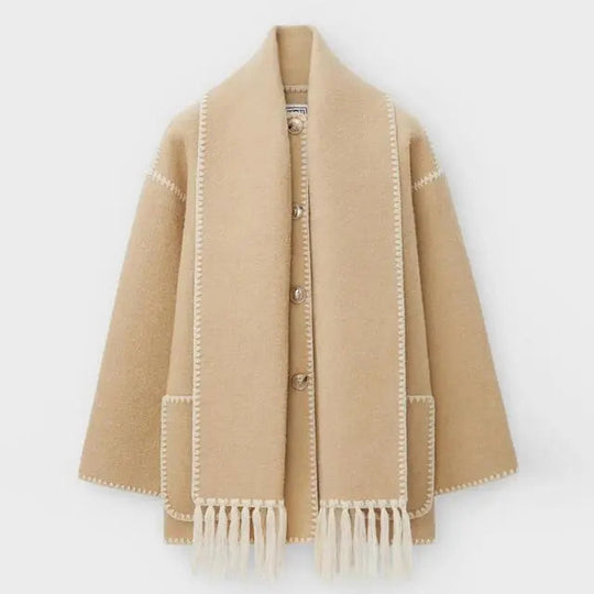 Dames Jas met Sjaalkraag | Herfst en Winter Jas | Wollook Met Zakken en Knopen