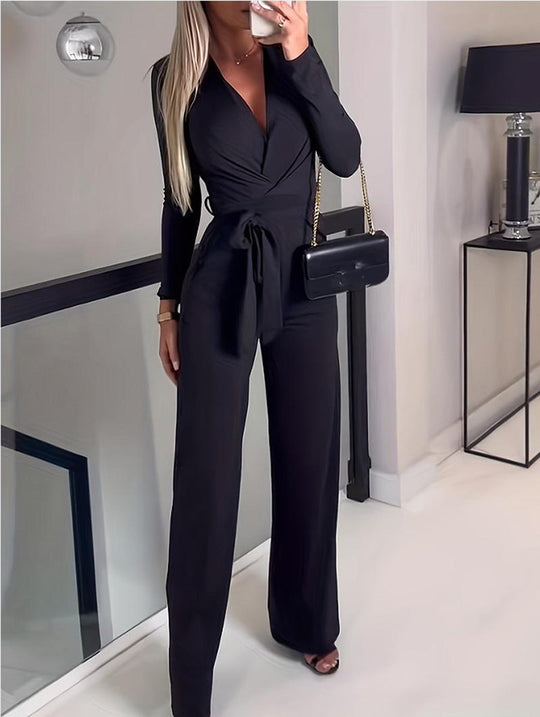 Dames Lange Mouwen V-Hals Wrap Jumpsuit met Wijde Pijpen