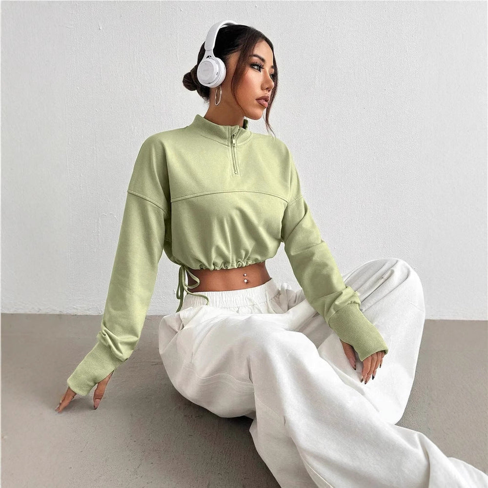 Dames Cropped Sweatshirt Met Rits en Ballonmouwen