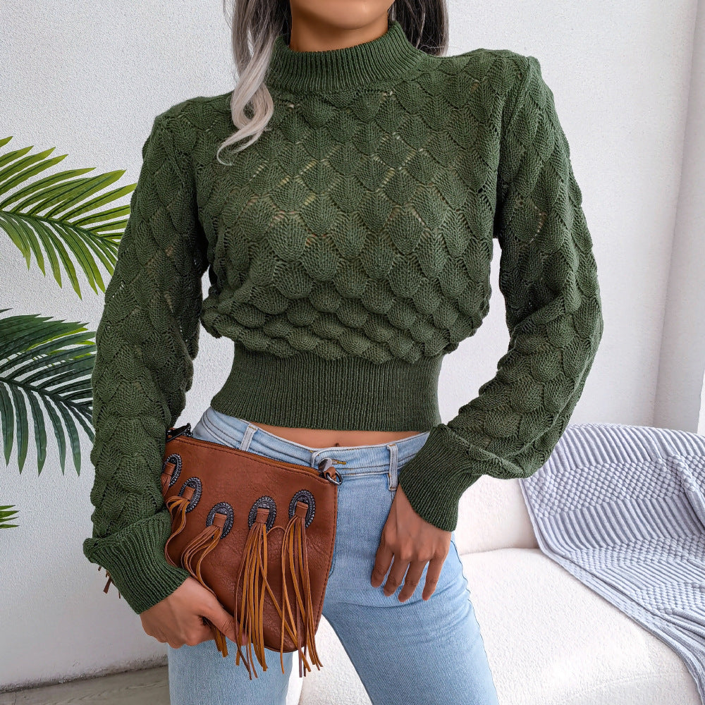 Opengewerkte Geribbelde Mock Neck Cropped Trui | Lange Mouwen | Casual Cropped Sweater