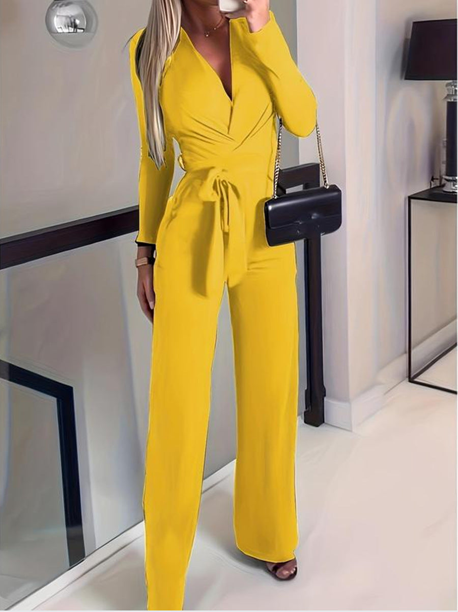 Dames Lange Mouwen V-Hals Wrap Jumpsuit met Wijde Pijpen
