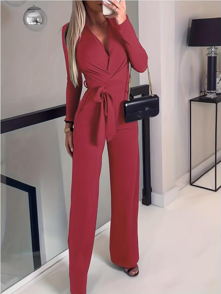 Dames Lange Mouwen V-Hals Wrap Jumpsuit met Wijde Pijpen
