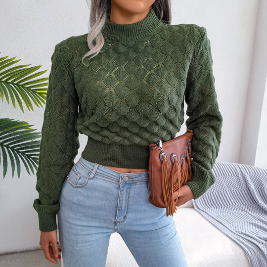 Opengewerkte Geribbelde Mock Neck Cropped Trui | Lange Mouwen | Casual Cropped Sweater
