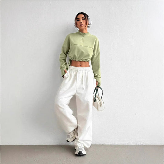 Dames Cropped Sweatshirt Met Rits en Ballonmouwen