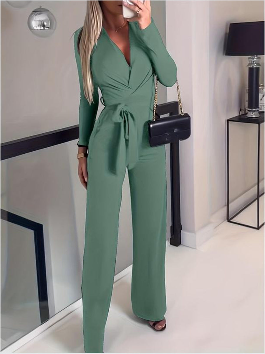 Dames Lange Mouwen V-Hals Wrap Jumpsuit met Wijde Pijpen