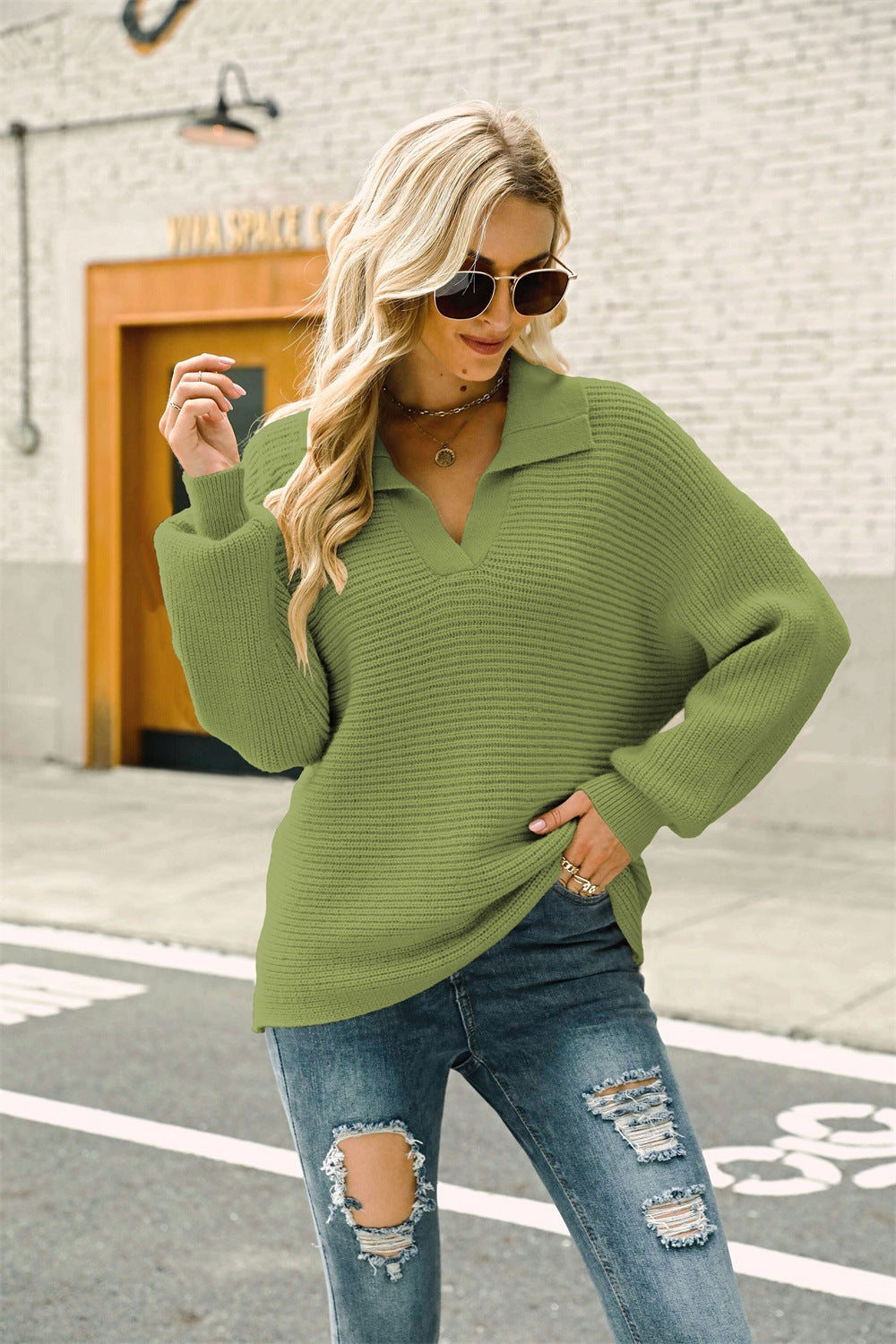 Horizontale Ribbel Johnny Kraag Trui | Lantaarnmouwen | Regular Fit