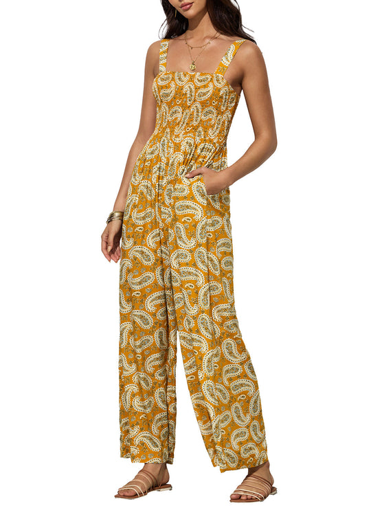Dames Bloemen Wide-Leg Jumpsuit met Gerimpelde Bovenkant en Zakken