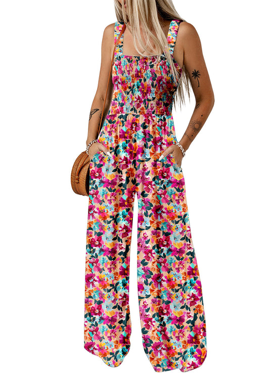 Dames Bloemen Wide-Leg Jumpsuit met Gerimpelde Bovenkant en Zakken