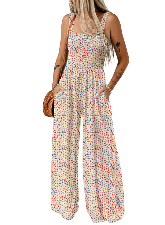 Dames Bloemen Wide-Leg Jumpsuit met Gerimpelde Bovenkant en Zakken