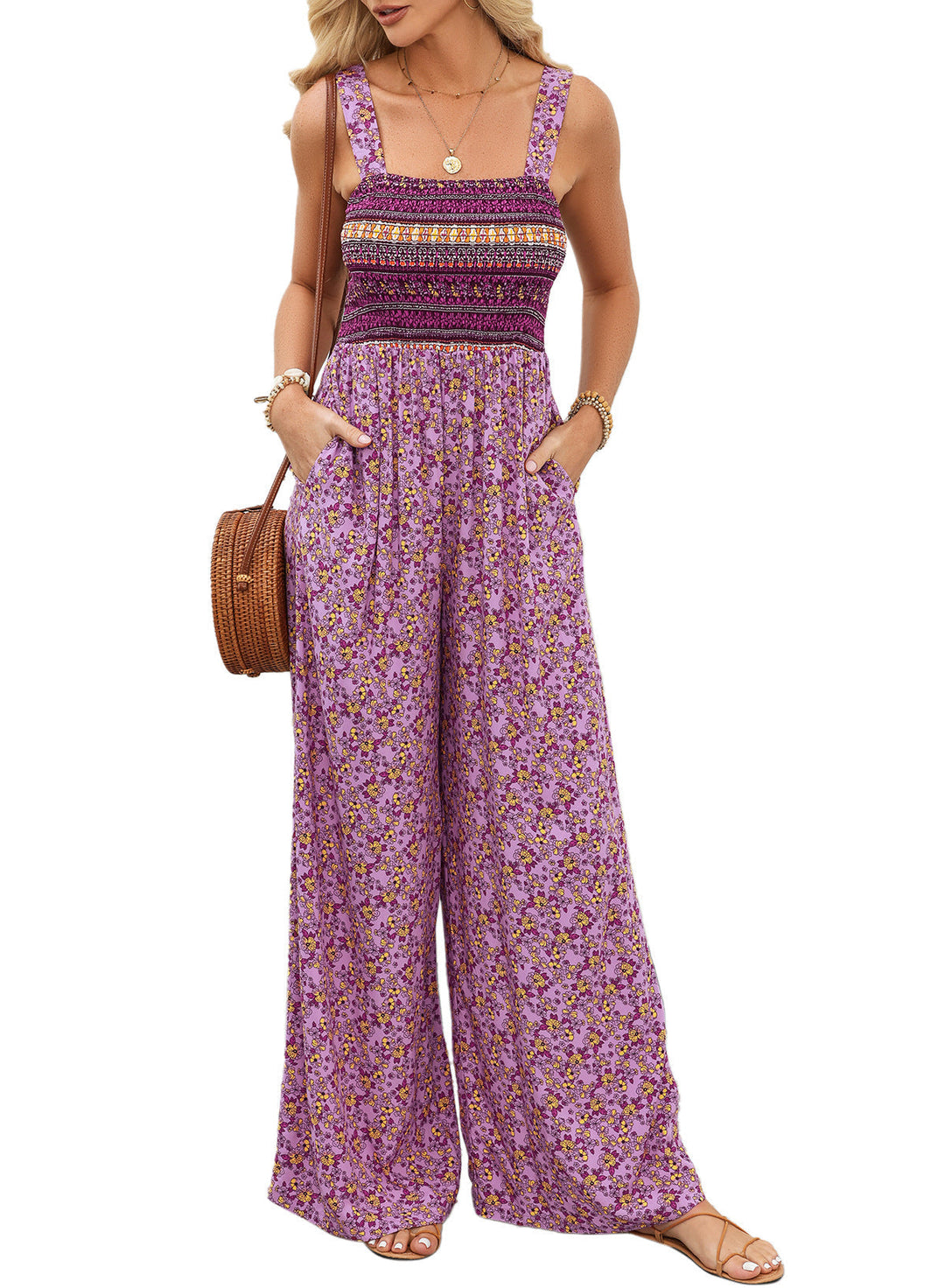 Dames Bloemen Wide-Leg Jumpsuit met Gerimpelde Bovenkant en Zakken