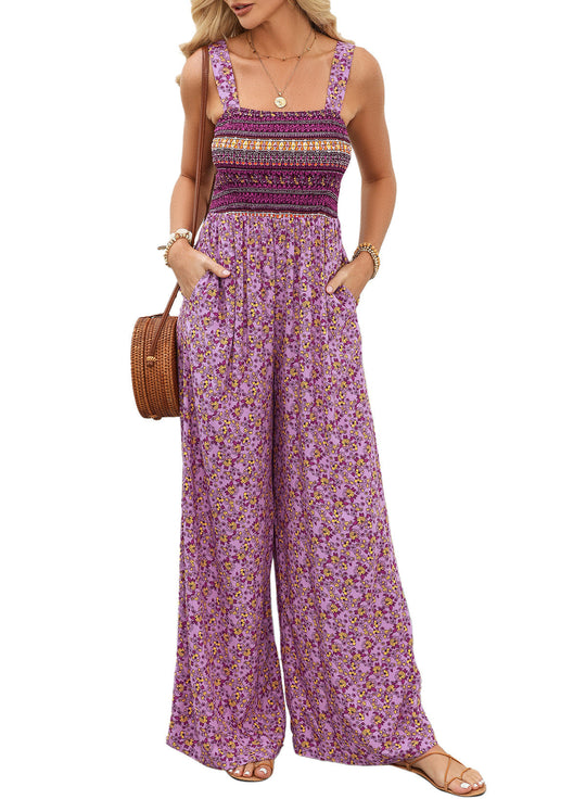 Dames Bloemen Wide-Leg Jumpsuit met Gerimpelde Bovenkant en Zakken