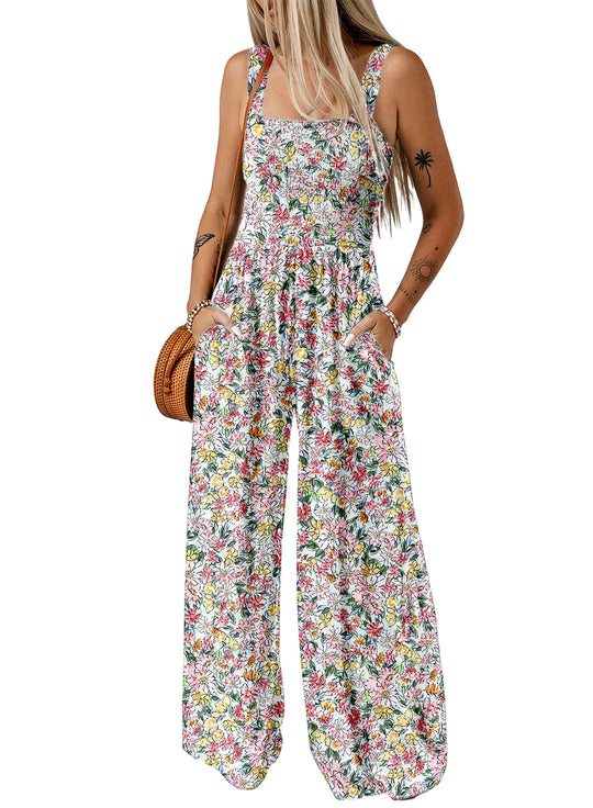 Dames Bloemen Wide-Leg Jumpsuit met Gerimpelde Bovenkant en Zakken