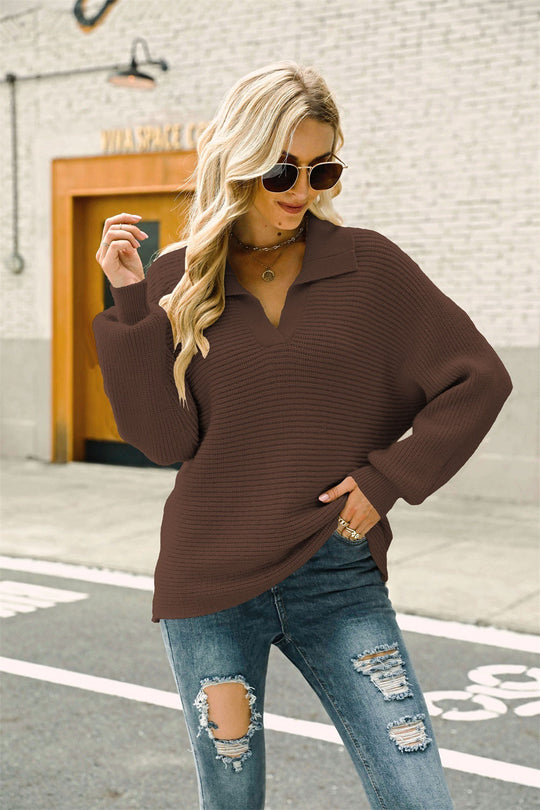 Horizontale Ribbel Johnny Kraag Trui | Lantaarnmouwen | Regular Fit