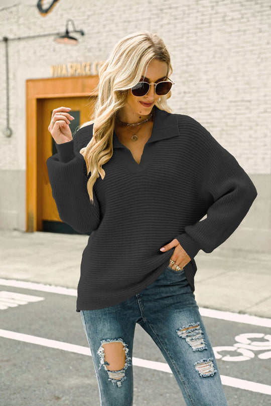 Horizontale Ribbel Johnny Kraag Trui | Lantaarnmouwen | Regular Fit