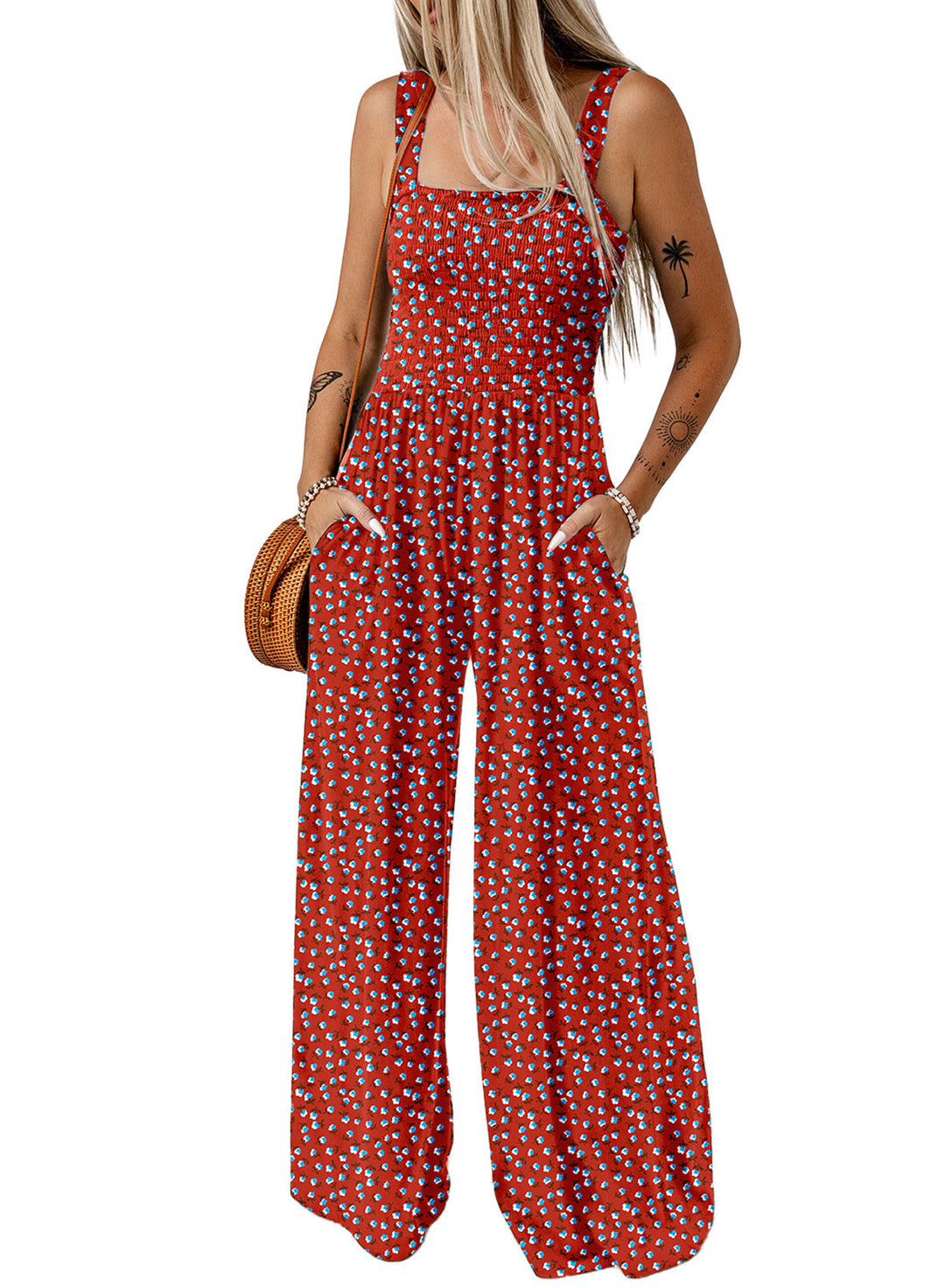 Dames Bloemen Wide-Leg Jumpsuit met Gerimpelde Bovenkant en Zakken