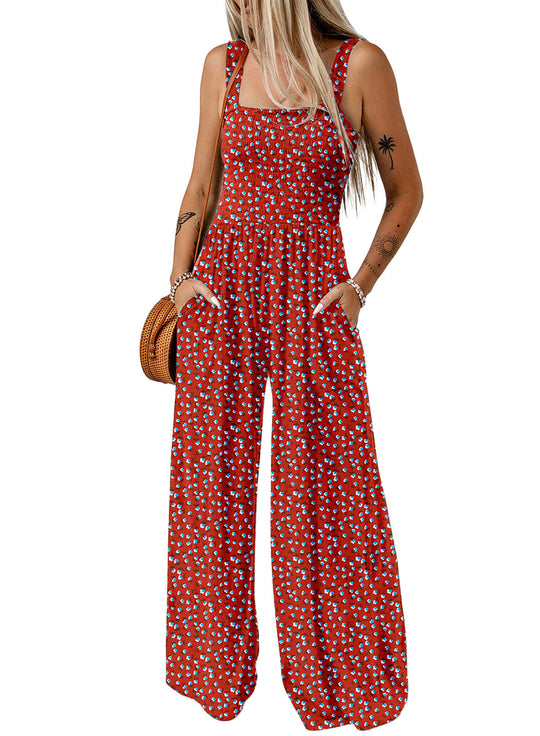 Dames Bloemen Wide-Leg Jumpsuit met Gerimpelde Bovenkant en Zakken