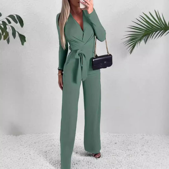 Dames Lange Mouwen V-Hals Wrap Jumpsuit met Wijde Pijpen
