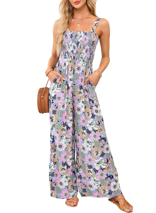 Dames Bloemen Wide-Leg Jumpsuit met Gerimpelde Bovenkant en Zakken