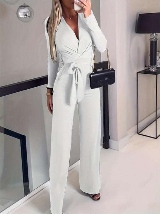 Dames Lange Mouwen V-Hals Wrap Jumpsuit met Wijde Pijpen