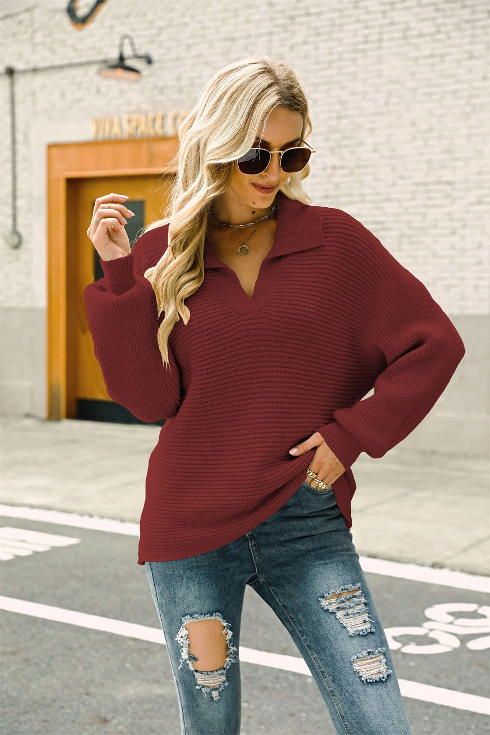 Horizontale Ribbel Johnny Kraag Trui | Lantaarnmouwen | Regular Fit