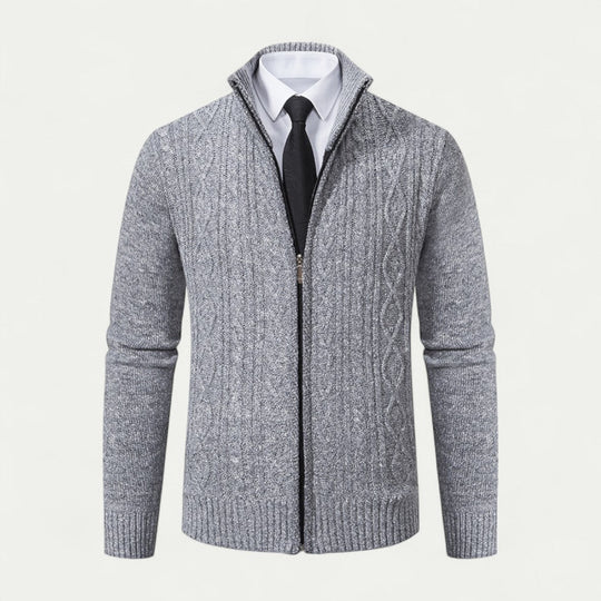 Heren Kabelgebreide Zip-Up Cardigan met Hoge Kraag en Geribde Zoom