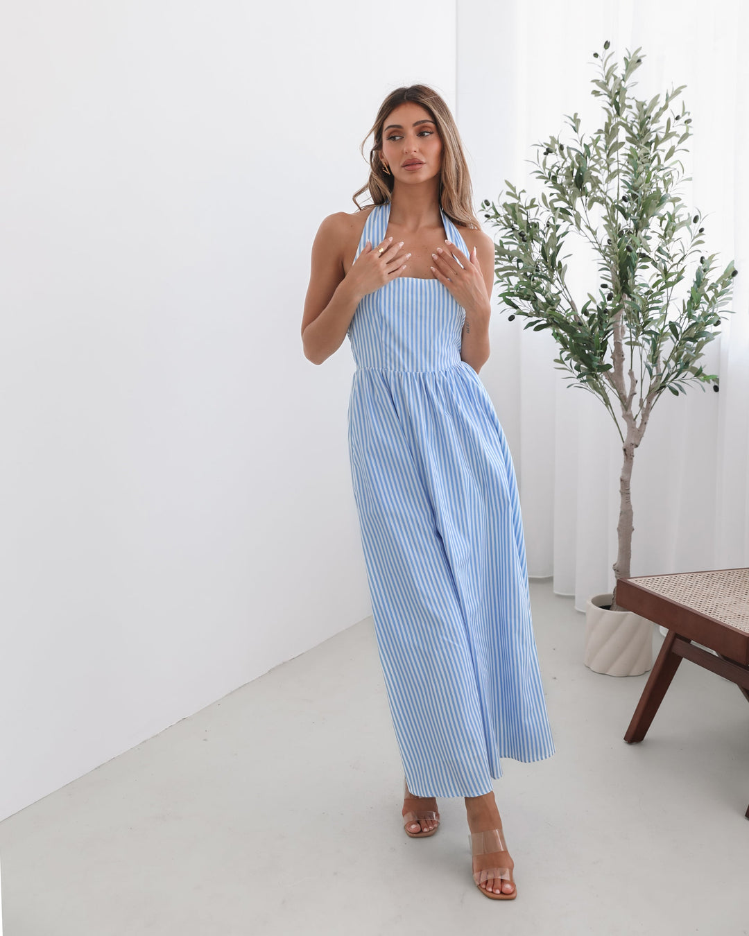 Dames | Phebe Jurk | Streepprint | Halterhals | A-lijn | Maxi Lengte