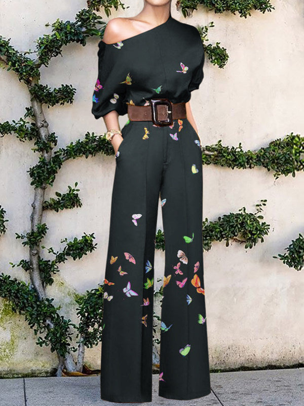Dames Eén Schouder Wijde Pijpen Jumpsuit met Artistiek Print Ontwerp