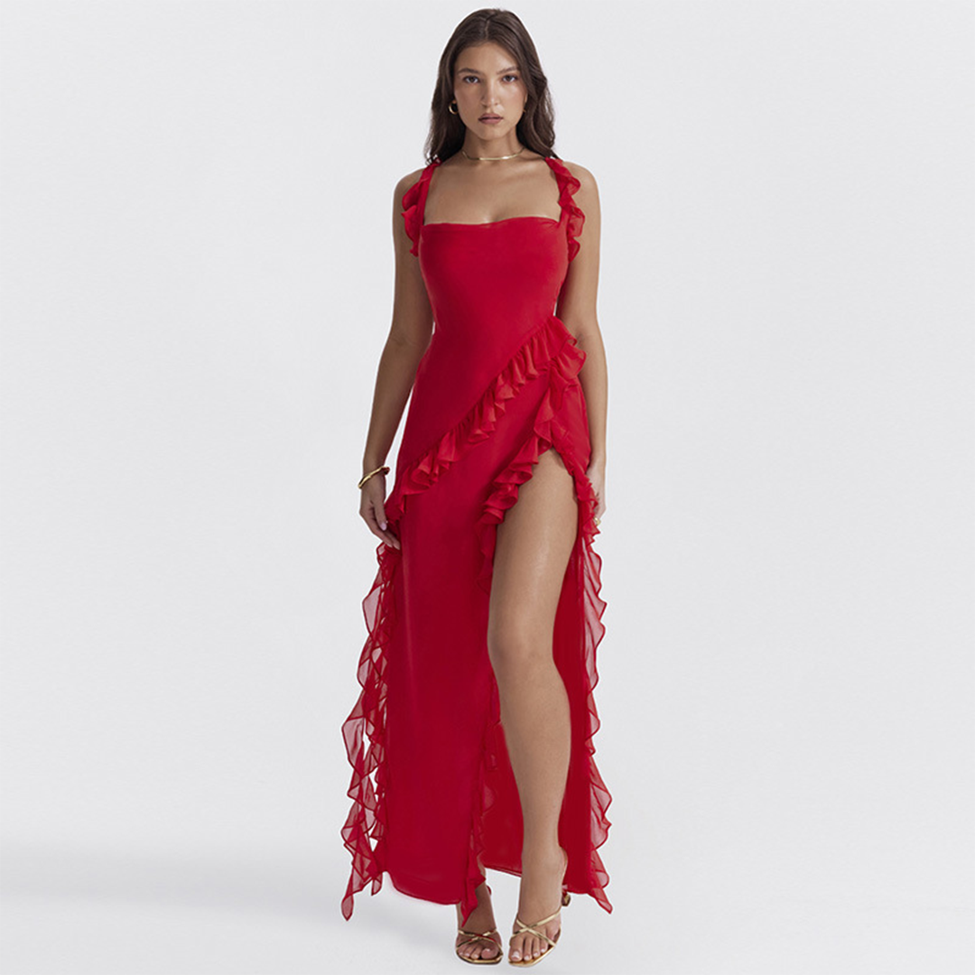 ROMINA - Gerimpelde Maxi-jurk met Splits