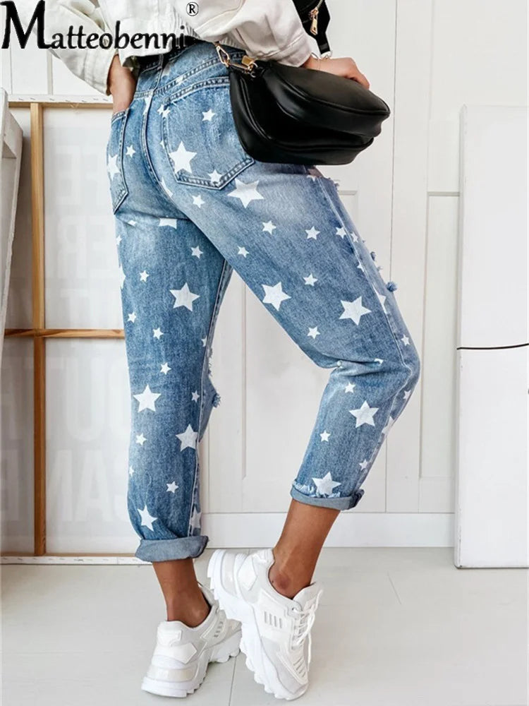 Dames Jeans met Sterrenpatroon en Slijtage