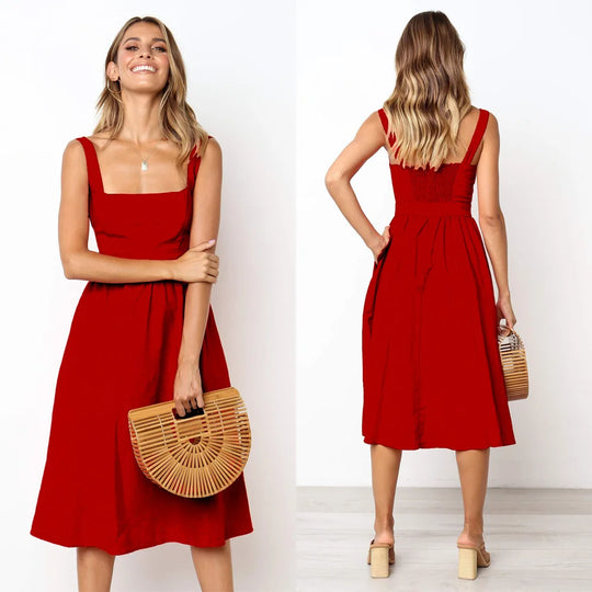 Zomer dames midi jurk met brede schouderbanden