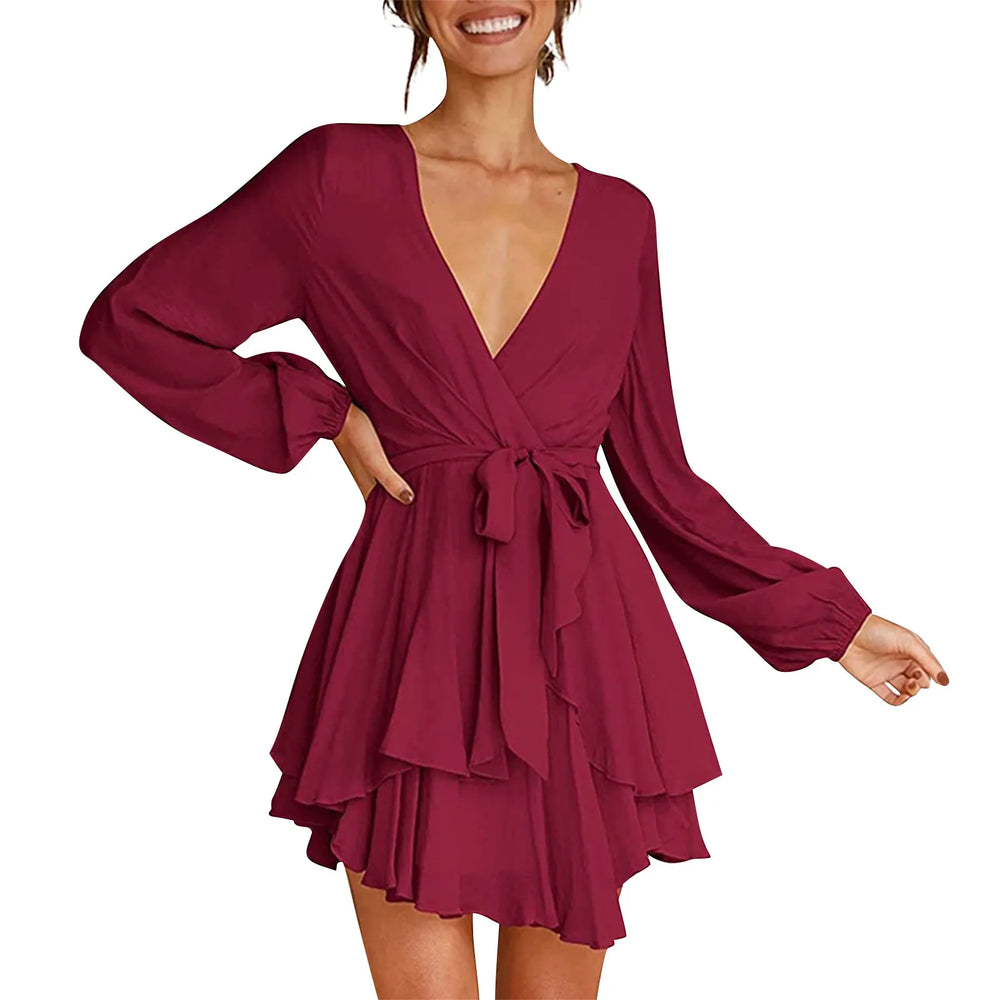 Dames elegante mini jurk met ruffles en omslagdecolleté