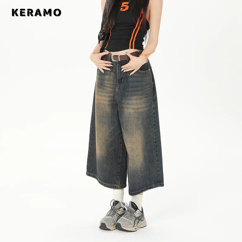 Dames Jeans Culottes met Verouderingseffect