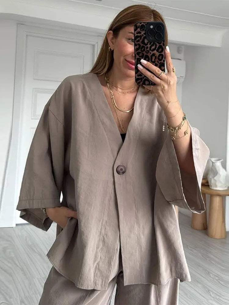 Dames | Linnen Set | Langarm Overhemd | Lange Broek | Stijlvol | Chic | Comfortabel