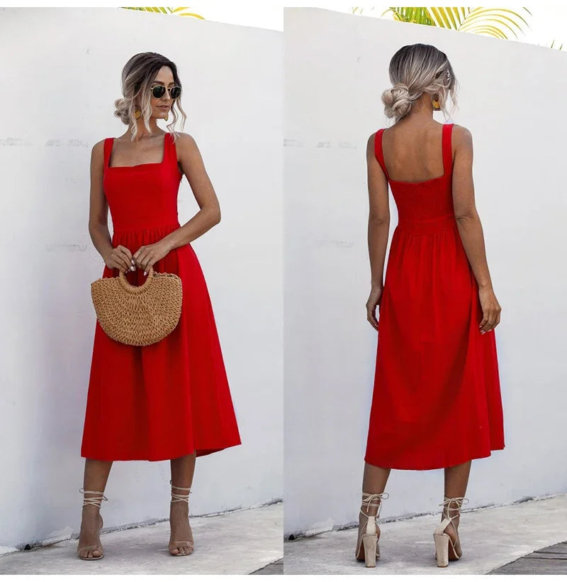 Zomer Midi Jurk met Vierkante Hals