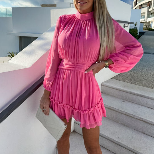 Plissé Jurk met Ruffles en Lange Mouwen