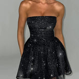Dames Mini Jurk Zonder Schouderbandjes met Glittereffect