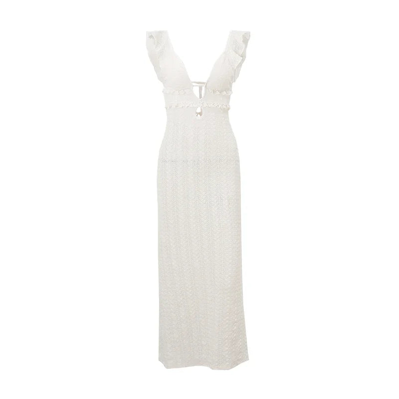 Sensuele maxi-jurk met diepe decolleté en luchtig patroon