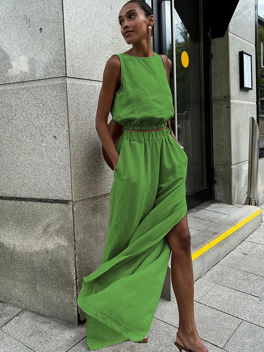 Dames | Linnen Set | Mouwloze Crop Top | Lange Broek | Stijlvol | Chic | Trendy