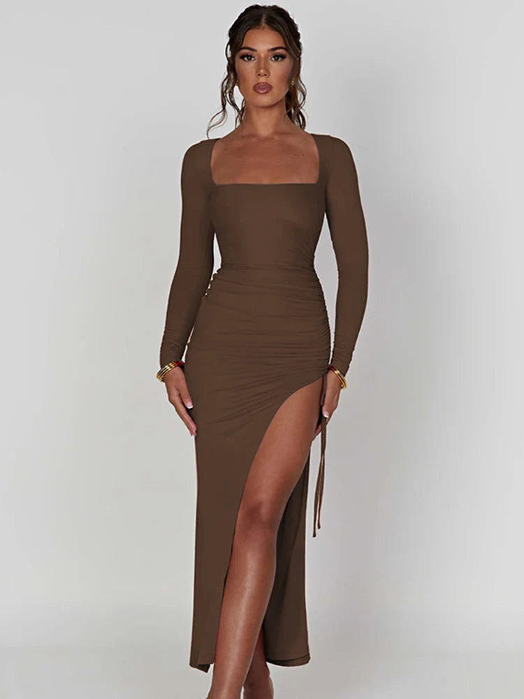 Dames Maxi Jurk met Lange Mouwen en Asymmetrische Splits
