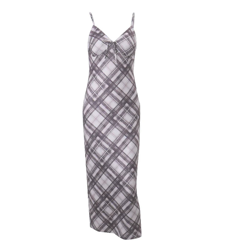 Elegante maxi-jurk met spaghettibandjes en een ruitpatroon