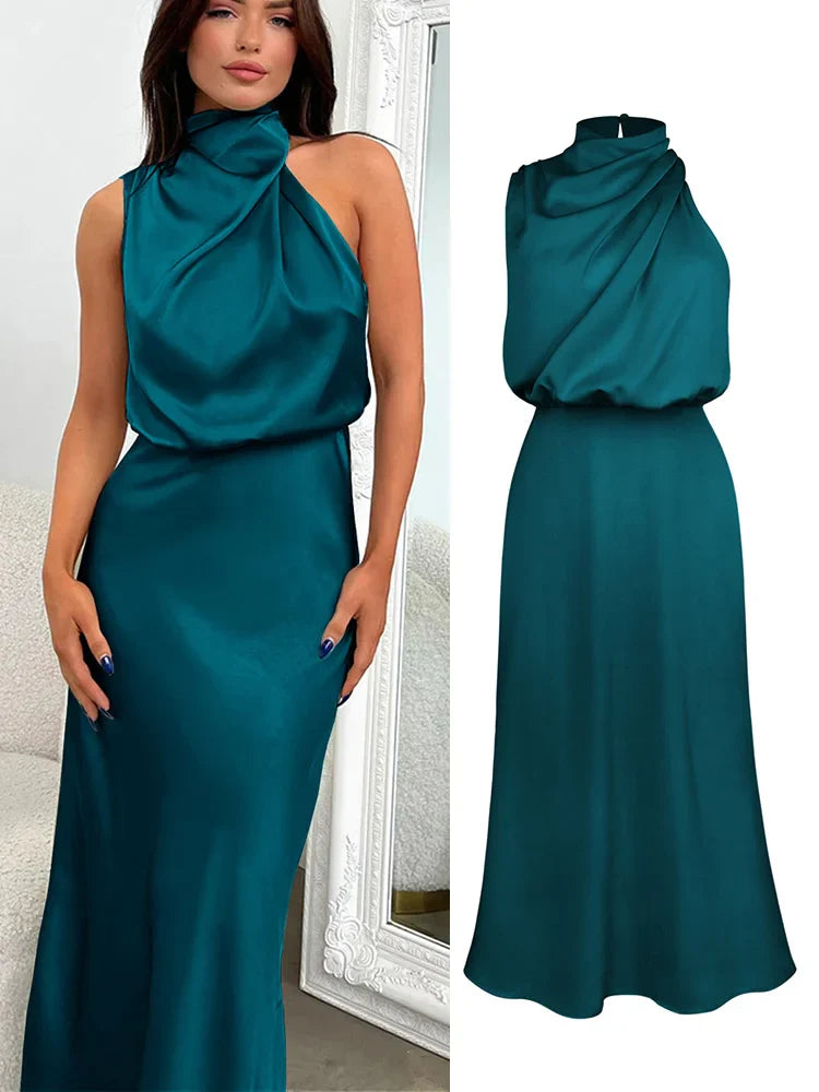 Elegante satijnen midi-jurk met asymmetrische halslijn