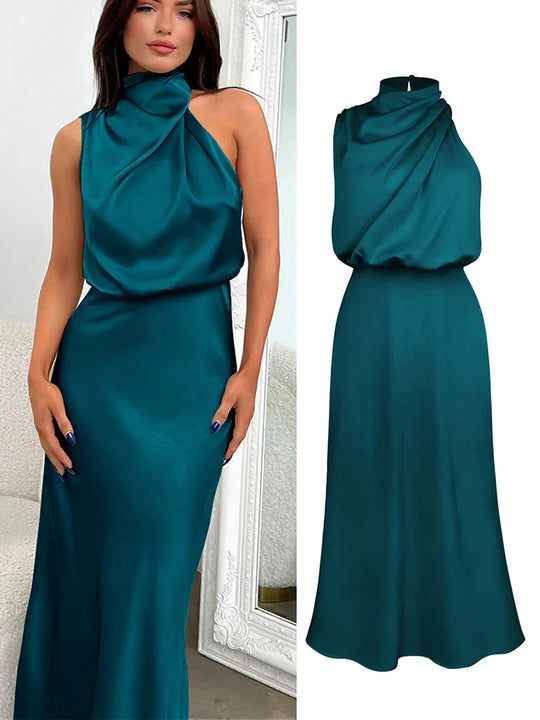 Elegante satijnen midi-jurk met asymmetrische halslijn