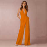 Effen Jumpsuit Dames – Comfortabele Wijde Broek met Korte Mouwen en Ceintuur