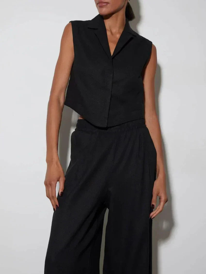 Dames | Linnen Set | Mouwloze Blazer | Wijde Broek | Chic | Elegant | Stijlvol