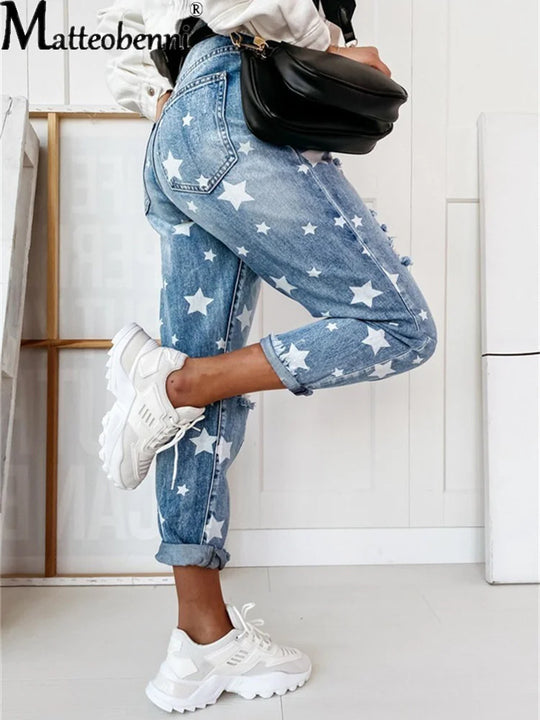 Dames Jeans met Sterrenpatroon en Slijtage
